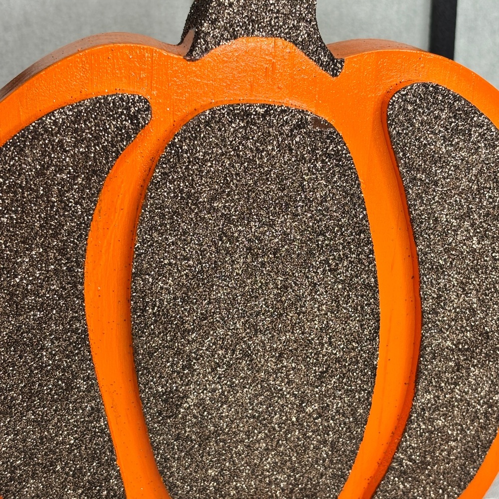 Orange Pumpkin with Brown Glitter Accent Decor Wood HandPainted - Picture 5 of 5